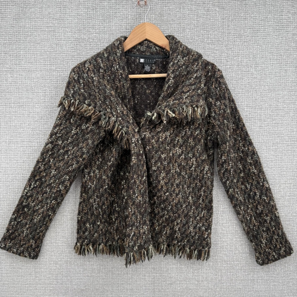Carole Little Sweater Cardigan Womens Sz M Brown Fringe Collared Boucle Knit